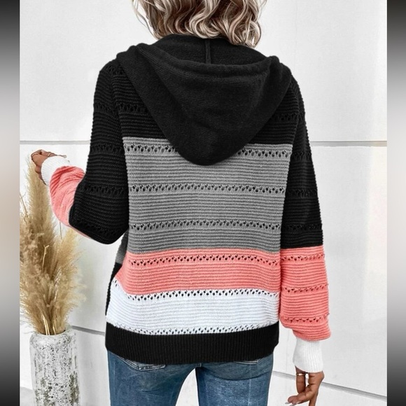 Boho color block zip up drawstring hooded knit sweater - Picture 2 of 5